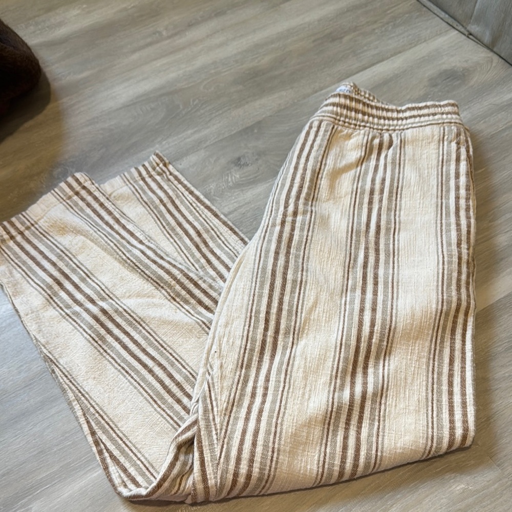 Zara Cream and Brown Striped Wide-Leg Pants
